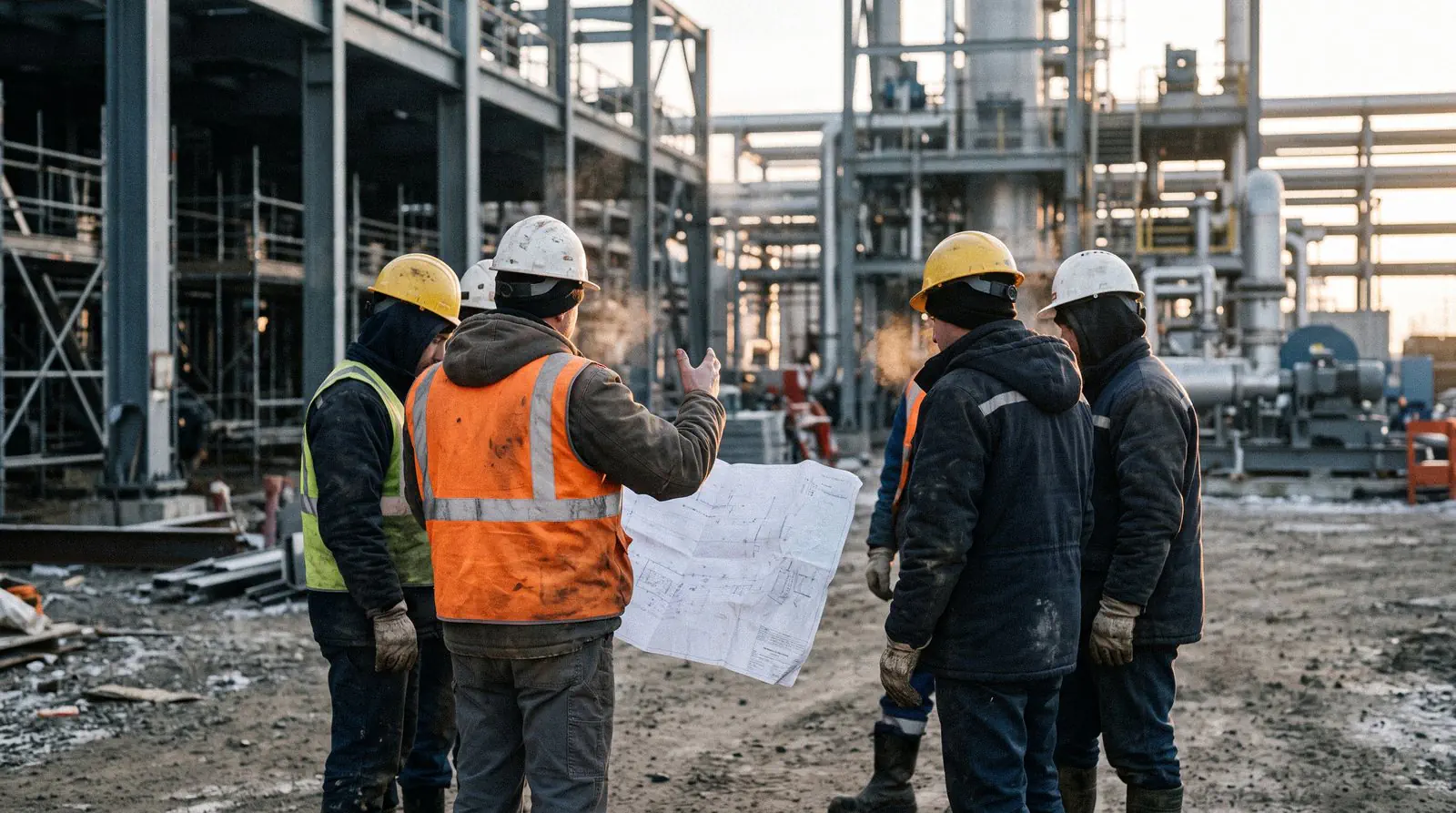 A foreman briefing a crew over a drawing on an industrial site