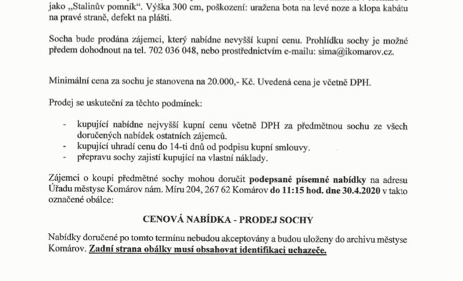 В Чехии город Комаров выставил на продажу скульптуру Сталина за 20 тыс. крон