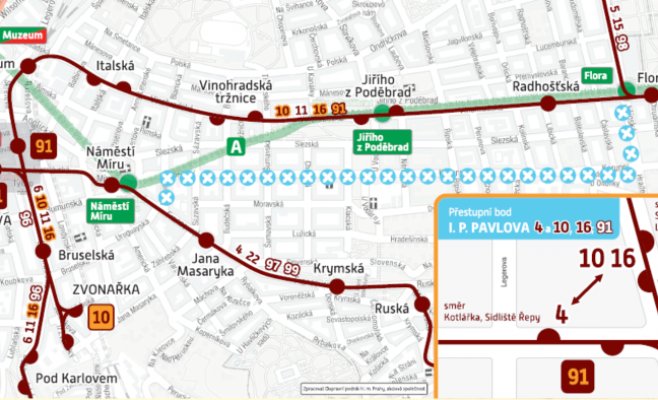 Трамваи вернулись на улицу Йечна, а движение по улице Корунни закрыто