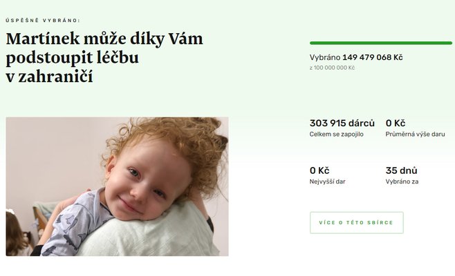 Люди собрали около 150 млн. крон на лечение двухлетнего Мартинка