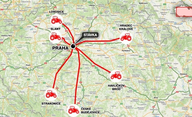 Тракторы начнут прибывать в Прагу рано утром в понедельник с шести направлений