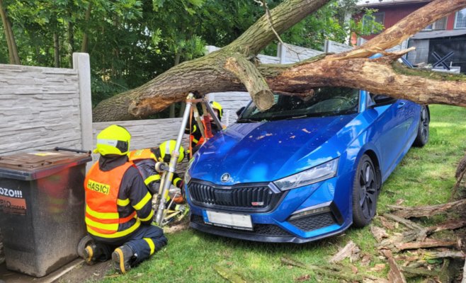 Дерево в Остраве разбило автомобиль, забор и крышу