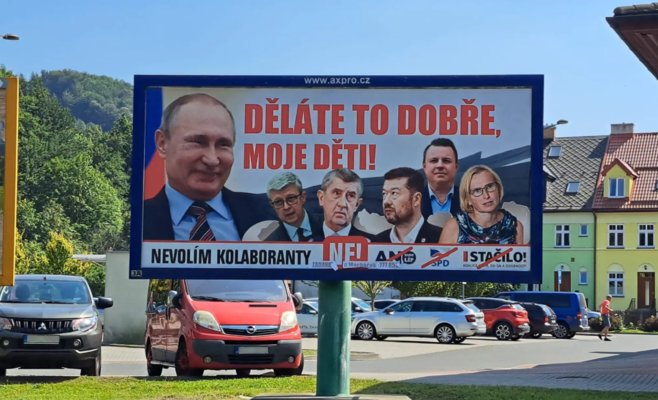 На чешских улицах появились билборды с Путиным, Бабишем, Окамурой и Конечной — авторы утверждают, что поддерживают