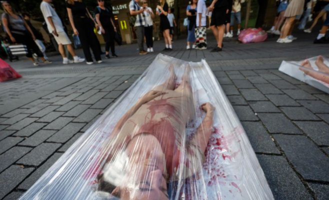 «Не смотри в сторону». В Праге прошёл протест против эксплуатации животных: люди легли в коробки и облили себя искусственной