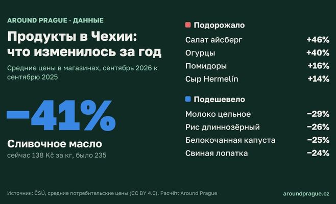 Масло −41%, огурцы +40%: как изменились цены на продукты в Чехии за год