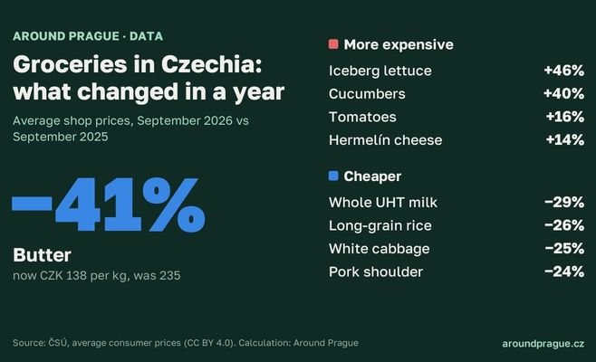 Butter −41%, cucumbers +40%: how Czech grocery prices changed in a year