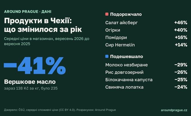 Масло −41%, огірки +40%: як змінилися ціни на продукти в Чехії за рік