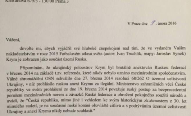 В чешском «Футбольном атласе мира» Крым обозначен, как территория России